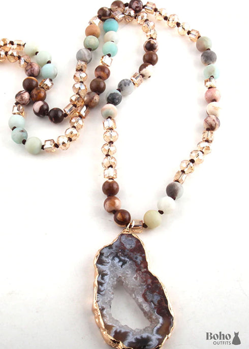 Boho Necklace, RH Amazonite Crystal Druzy Brown Natural Stone