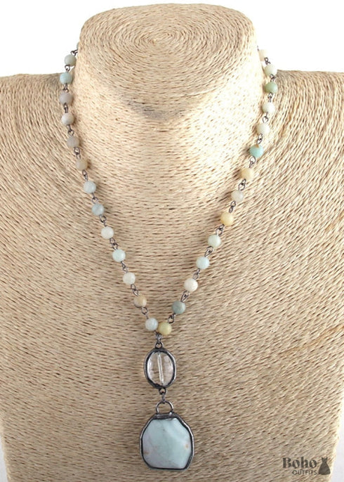 Collar bohemio, amazonita RH, piedra natural verde cristal