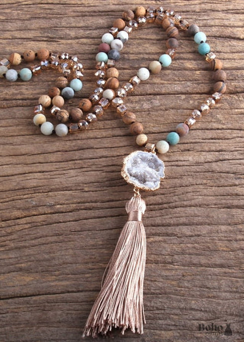 Boho Necklace, RH Amazonite Jasper, Crystal Tassel Brown Natural Stone
