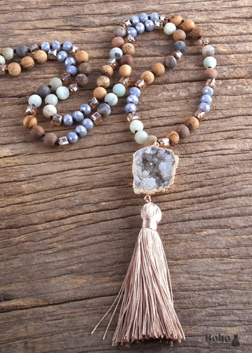 Boho Necklace, RH Amazonite Jasper, Crystal Tassel Brown Natural Stone