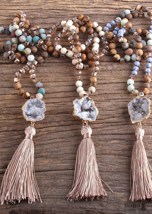 Boho Necklace, RH Amazonite Jasper, Crystal Tassel Brown Natural Stone