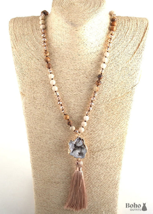 Boho Necklace, RH Amazonite Jasper, Crystal Tassel Brown Natural Stone