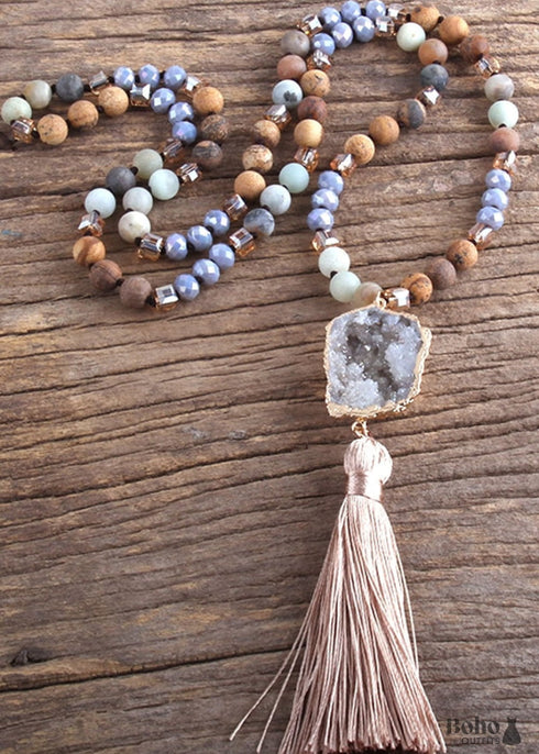 Boho Necklace, RH Amazonite Jasper, Crystal Tassel Brown Natural Stone
