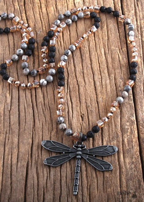 Collar bohemio, jaspe amazonita RH, piedra natural marrón libélula