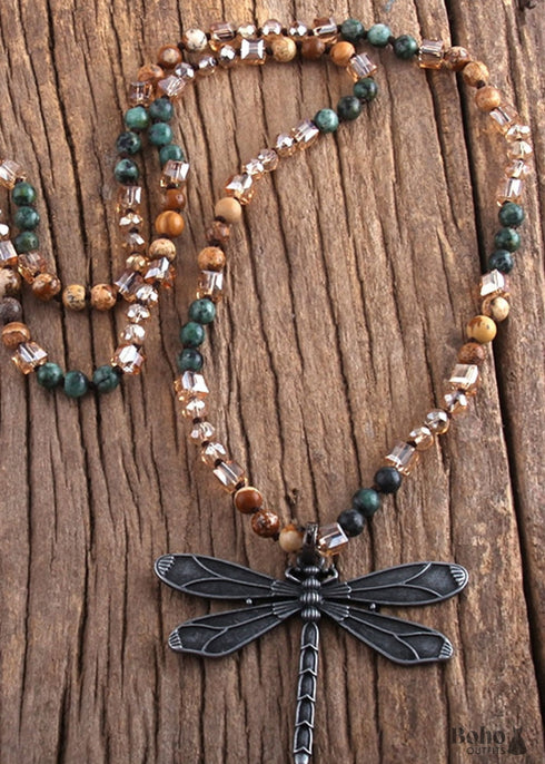 Collar bohemio, jaspe amazonita RH, piedra natural marrón libélula