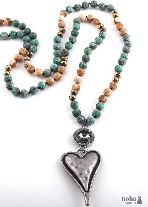 Boho Necklace, RH Amazonite Jasper, Heart Brown Natural Stone