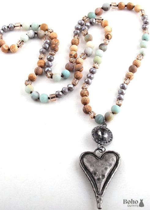 Boho Necklace, RH Amazonite Jasper, Heart Brown Natural Stone