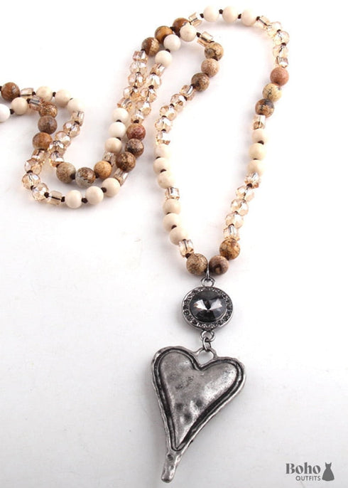 Boho Necklace, RH Amazonite Jasper, Heart Brown Natural Stone