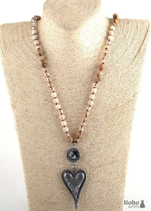 Boho Necklace, RH Amazonite Jasper, Heart Brown Natural Stone