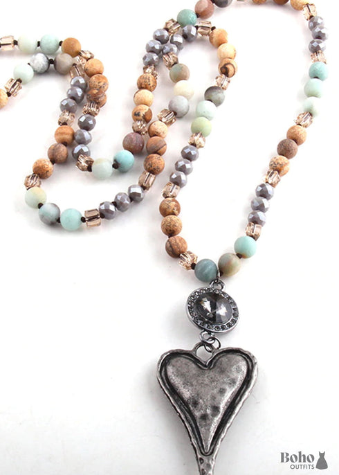 Boho Necklace, RH Amazonite Jasper, Heart Brown Natural Stone