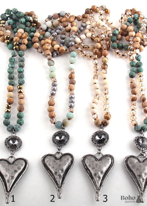 Boho Necklace, RH Amazonite Jasper, Heart Brown Natural Stone