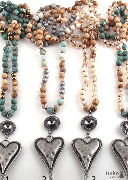 Boho Necklace, RH Amazonite Jasper, Heart Brown Natural Stone