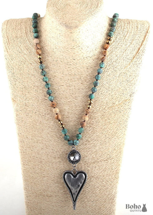 Boho Necklace, RH Amazonite Jasper, Heart Brown Natural Stone
