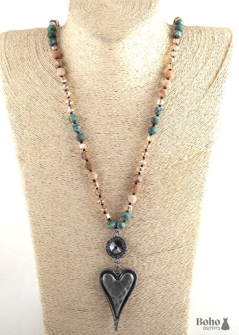 Boho Necklace, RH Amazonite Jasper, Heart Brown Natural Stone
