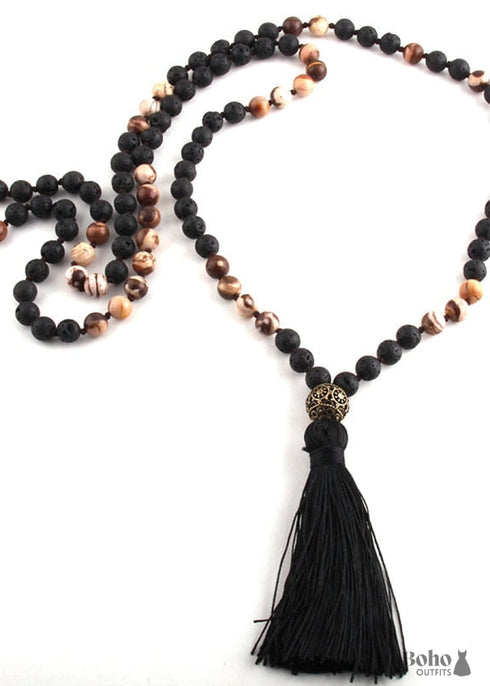 Collar bohemio con jaspe amazonita RH y bola de plata lariat con piedra natural verde y marrón.