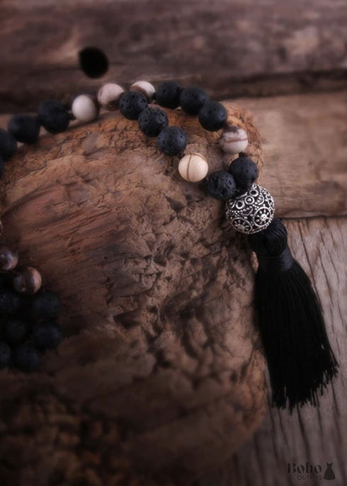 Collar bohemio con jaspe amazonita RH y bola de plata lariat con piedra natural verde y marrón.