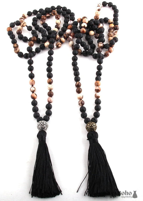 Collar bohemio con jaspe amazonita RH y bola de plata lariat con piedra natural verde y marrón.