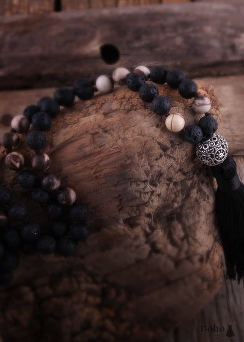 Collar bohemio con jaspe amazonita RH y bola de plata lariat con piedra natural verde y marrón.