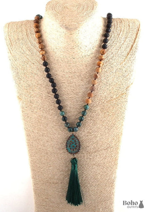 Boho Necklace, RH Amazonite Jasper, Tassel Brown Natural Stone