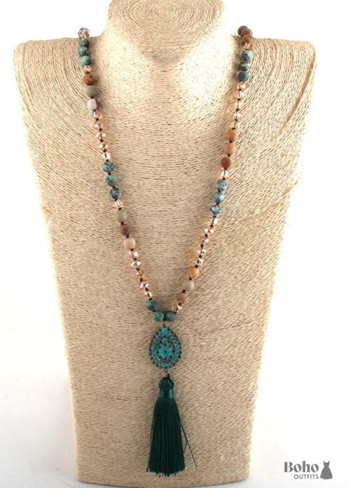 Boho Necklace, RH Amazonite Jasper, Tassel Brown Natural Stone