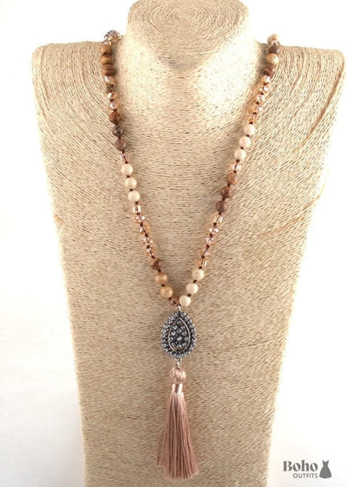 Boho Necklace, RH Amazonite Jasper, Tassel Brown Natural Stone