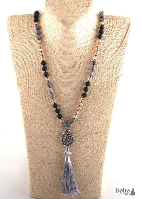 Boho Necklace, RH Amazonite Jasper, Tassel Brown Natural Stone
