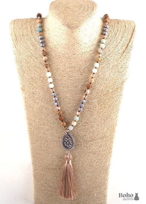 Boho Necklace, RH Amazonite Jasper, Tassel Brown Natural Stone