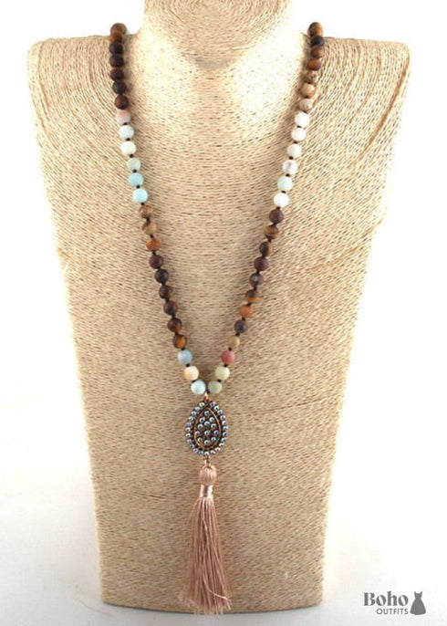 Boho Necklace, RH Amazonite Jasper, Tassel Brown Natural Stone