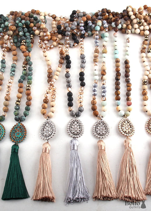 Boho Necklace, RH Amazonite Jasper, Tassel Brown Natural Stone