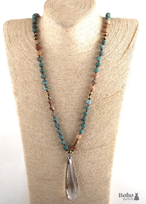 Boho Necklace, RH Antique Drop Crystal Lava Stone