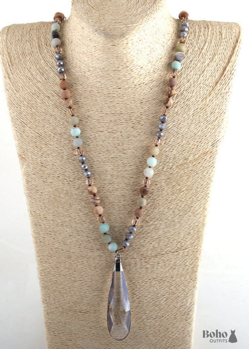 Boho Necklace, RH Antique Drop Crystal Lava Stone