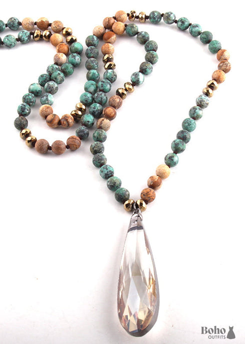 Boho Necklace, RH Antique Drop Crystal Lava Stone