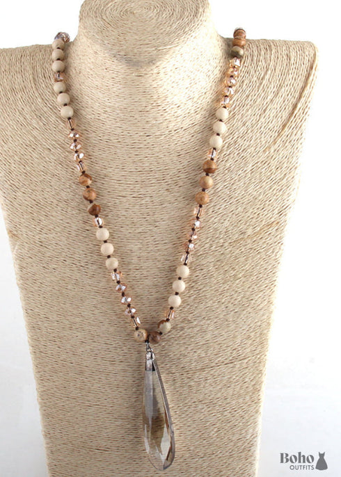 Boho Necklace, RH Antique Drop Crystal Lava Stone