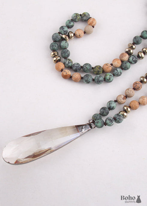 Boho Necklace, RH Antique Drop Crystal Lava Stone