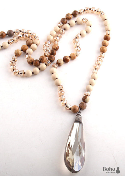 Boho Necklace, RH Antique Drop Crystal Lava Stone