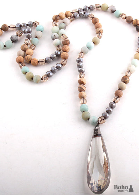 Boho Necklace, RH Antique Drop Crystal Lava Stone