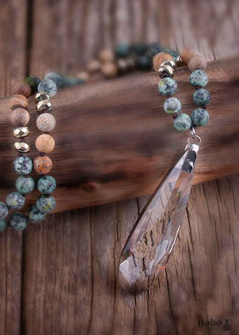 Boho Necklace, RH Antique Drop Crystal Lava Stone