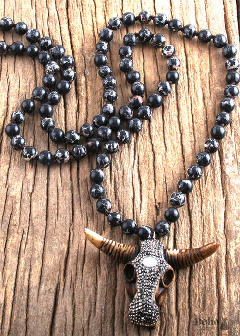 Boho Necklace, RH Antique Horn Crystal Lava Stone