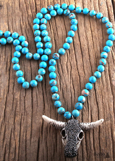 Boho Necklace, RH Antique Horn Crystal Lava Stone