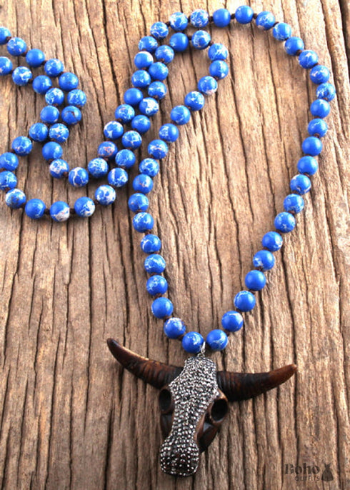 Boho Necklace, RH Antique Horn Crystal Lava Stone