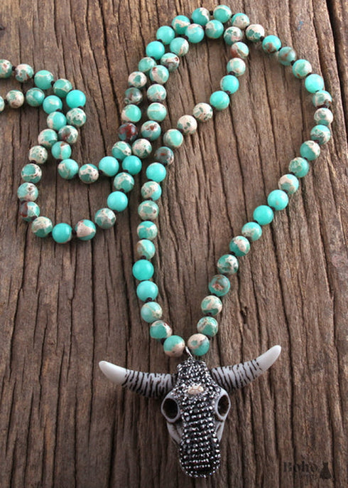 Boho Necklace, RH Antique Horn Crystal Lava Stone