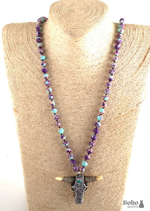 Boho Necklace, RH Antique Horn Crystal Lava Stone