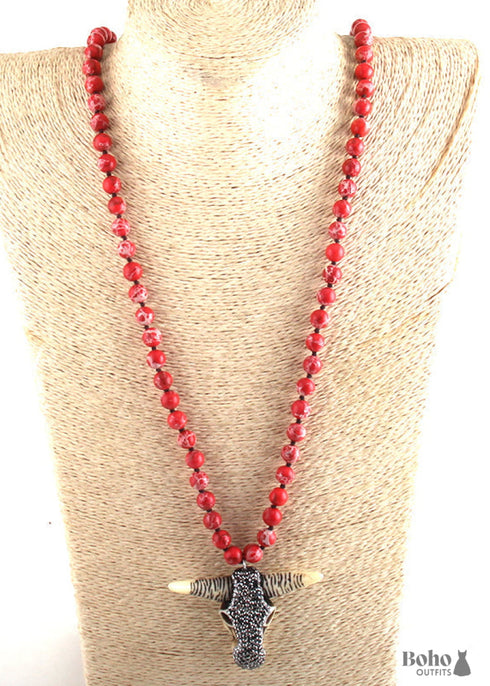 Boho Necklace, RH Antique Horn Crystal Lava Stone