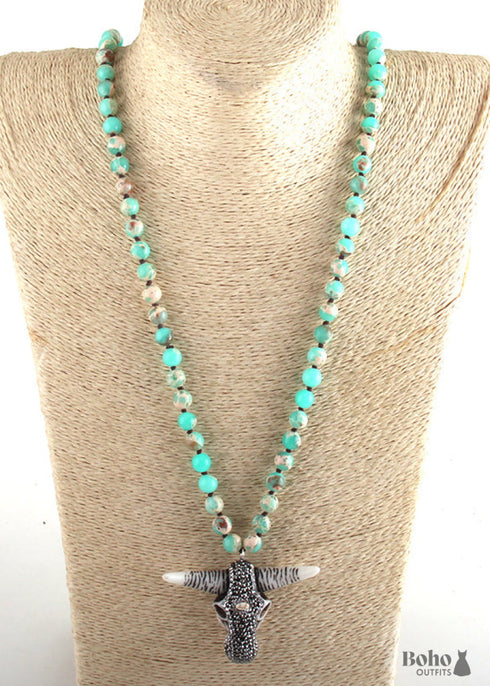 Boho Necklace, RH Antique Horn Crystal Lava Stone