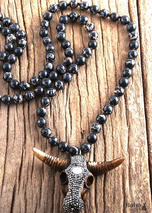 Boho Necklace, RH Antique Horn Crystal Lava Stone