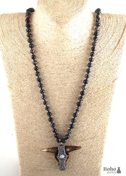 Boho Necklace, RH Antique Horn Crystal Lava Stone