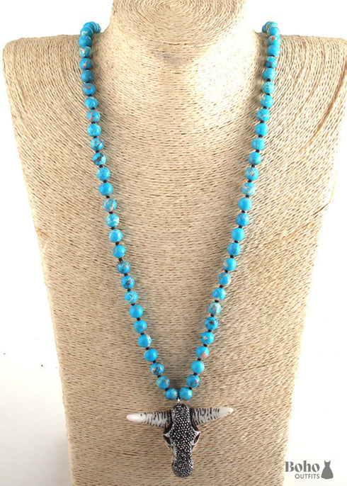 Boho Necklace, RH Antique Horn Crystal Lava Stone