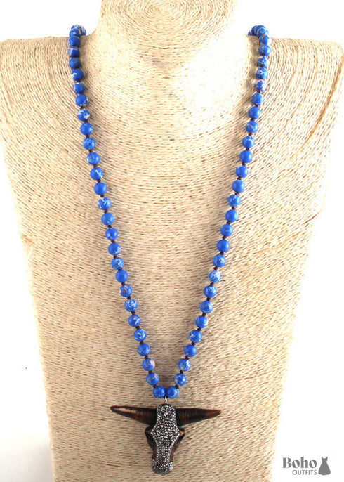 Boho Necklace, RH Antique Horn Crystal Lava Stone