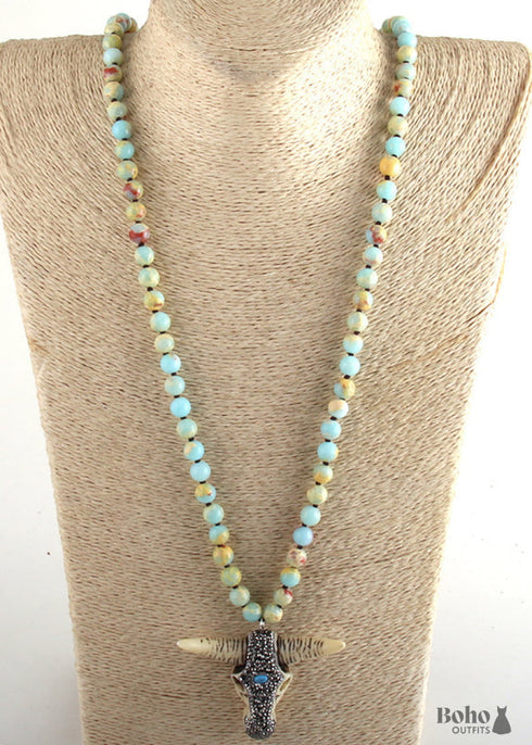Boho Necklace, RH Antique Horn Crystal Lava Stone