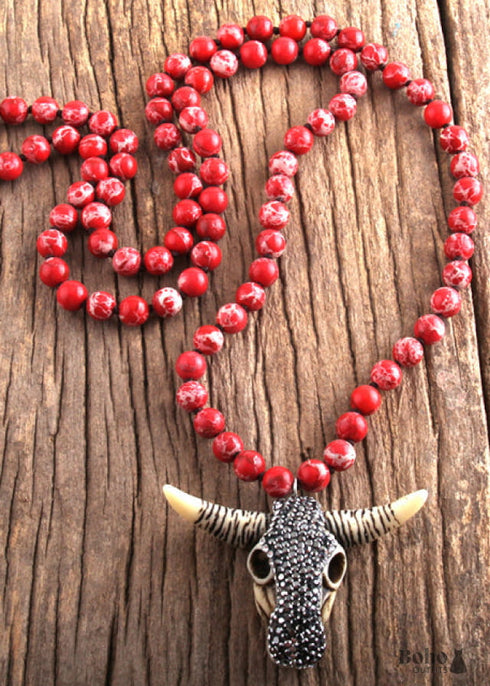 Boho Necklace, RH Antique Horn Crystal Lava Stone